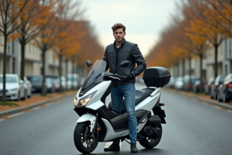 Jeune homme avec scooter Yamaha Xmax en ville