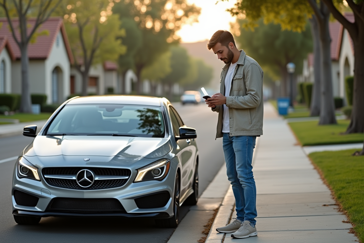 Jeune homme vérifiant documents de voiture dans une rue résidentielle californienne
