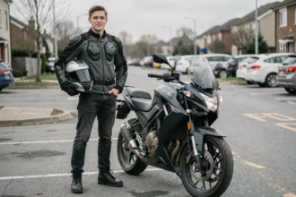Jeune motard en veste textile debout à côté d'une moto A2 dans un parking urbain
