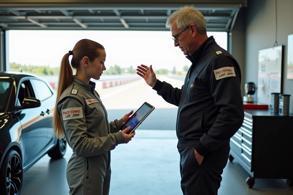 Jeune adolescente recevant les conseils d'un instructeur professionnel dans un garage de circuit lors d'un stage de pilotage familial