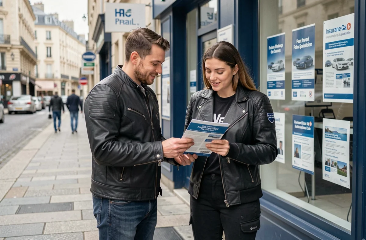 Deux jeunes motards consultant un prospectus devant une agence d'assurance moto en ville