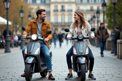 Jeunes adultes en scooters dans une place parisienne
