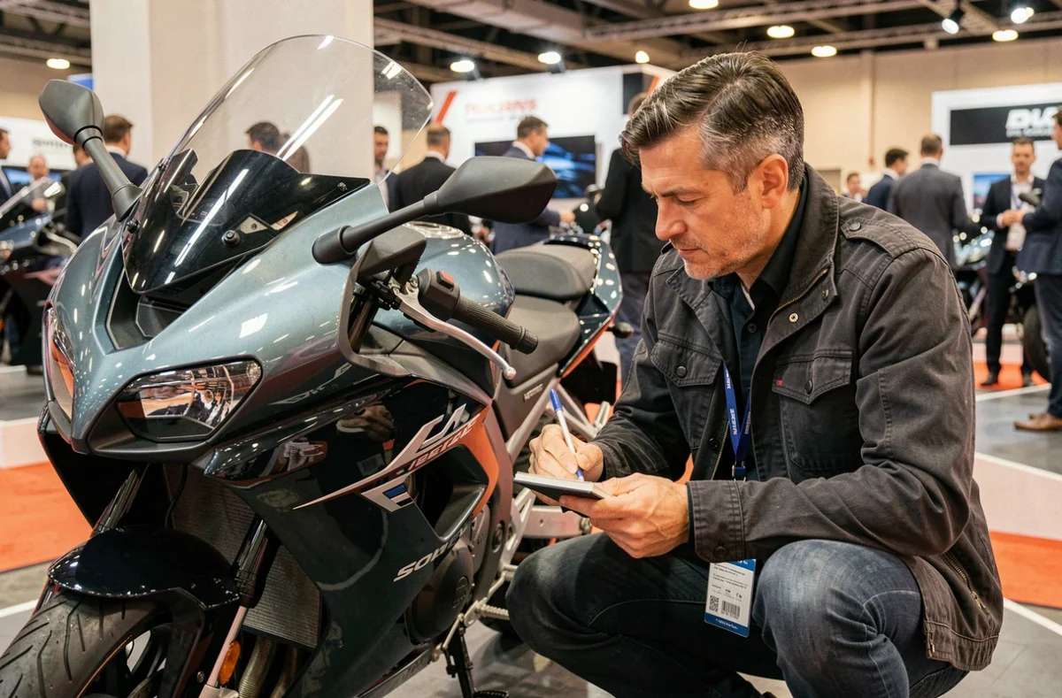 Journaliste moto examinant une nouvelle moto de tourisme sportif lors du salon de Milan 2026