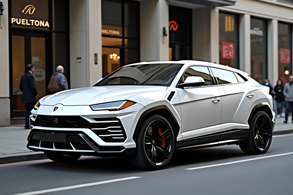 Lamborghini Urus blanche garée devant une banque en ville, illustrant le leasing ou crédit auto de luxe