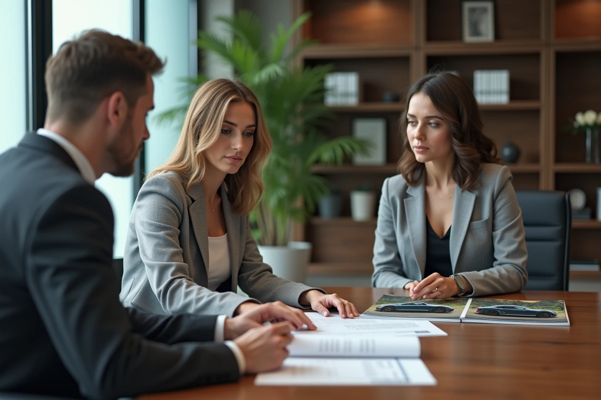 Femme et conseiller financier discutant d'un contrat de leasing pour une Lamborghini dans un bureau bancaire moderne