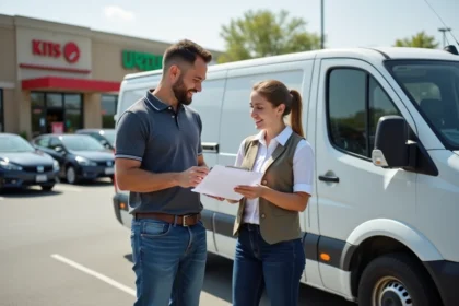 Homme vérifiant contrat de location avec employée