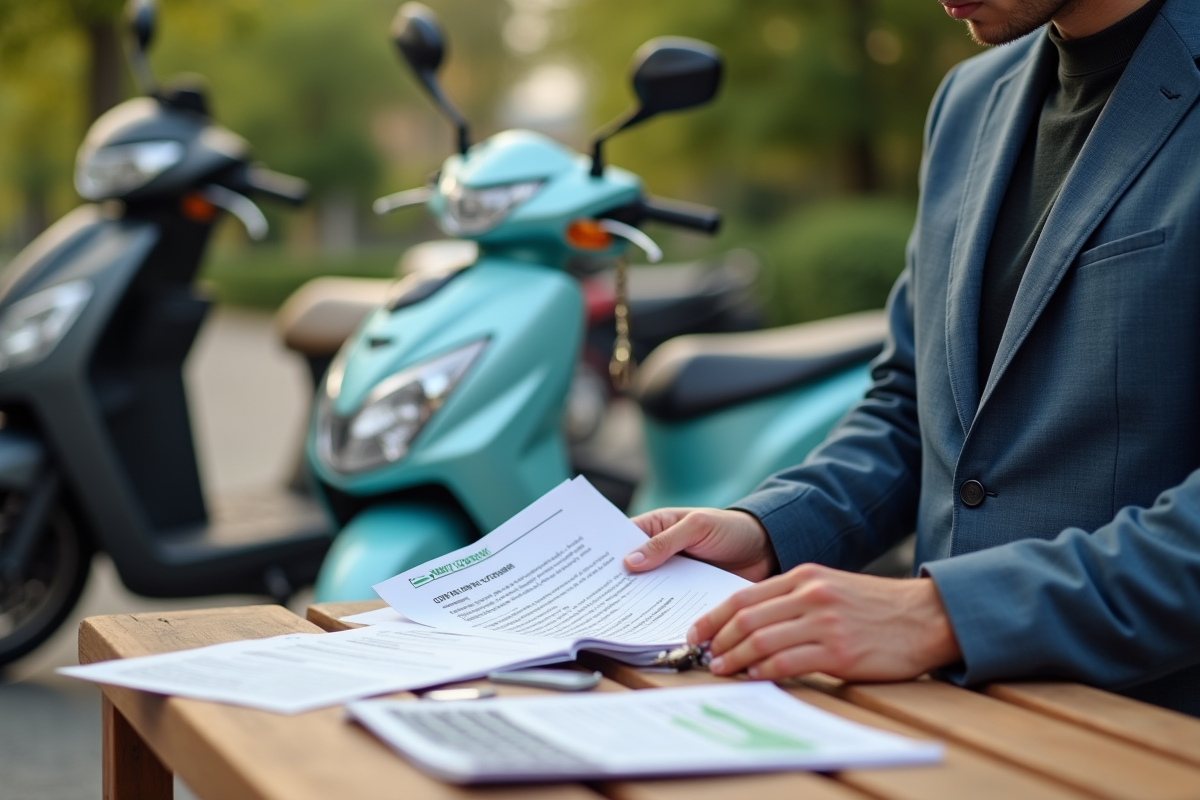 Mains tenant documents de conduite et clés à côté d’un moped