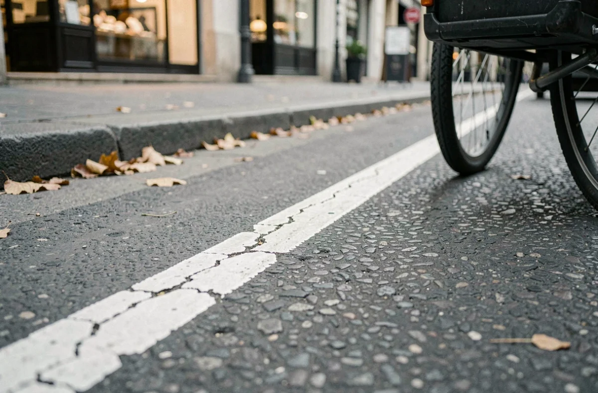Gros plan sur des pointillés blancs peints au sol délimitant un emplacement de livraison en zone urbaine avec vélo cargo