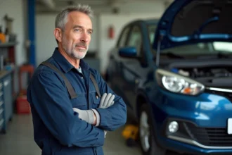 Mecanicien homme en overalls près d'une voiture diesel en atelier