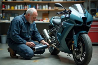 Mécanicien professionnel examinant un film vinyle de covering moto dans un atelier, avec des fiches de prix posées sur l'établi