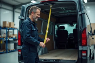 Mécanicien homme mesurant l’intérieur d’un van gris