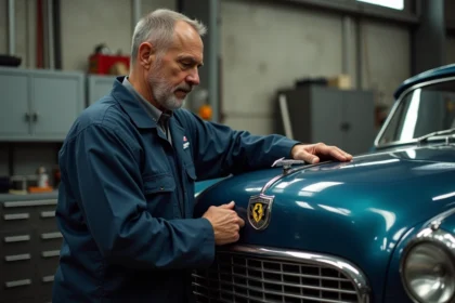 Mécanicien homme devant une voiture vintage avec logo cheval galopant