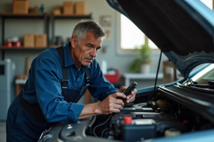 Mécanicien en overalls examine un moteur de voiture