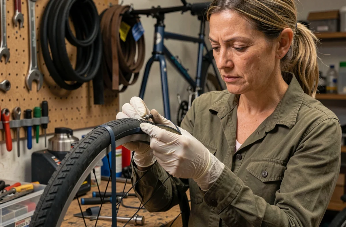 Femme mécanicienne préparant un bouchon de réparation pour pneu tubeless dans un atelier vélo