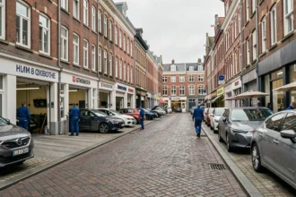 Vue d'ensemble d'une rue commerciale avec plusieurs garages automobiles à Lille, mécanique en uniforme et voitures en attente de réparation