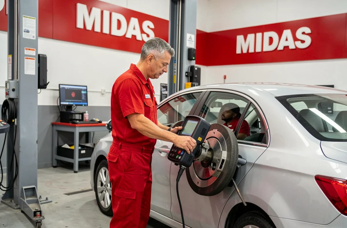 Technicien du Midas Lille Lorraine réalisant un contrôle de géométrie sur une berline avec un équipement d'alignement électronique professionnel