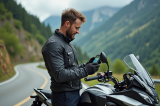 Homme en moto montage GPS en montagne