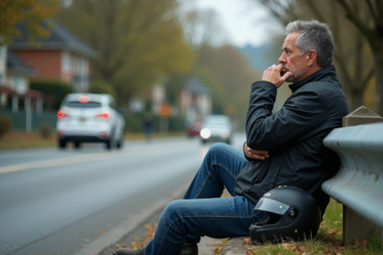Homme en moto contemplant la route en bordure de route