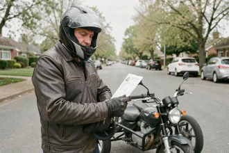 Motard tenant un formulaire de permis à côté d'une moto 3 roues sur une route de banlieue