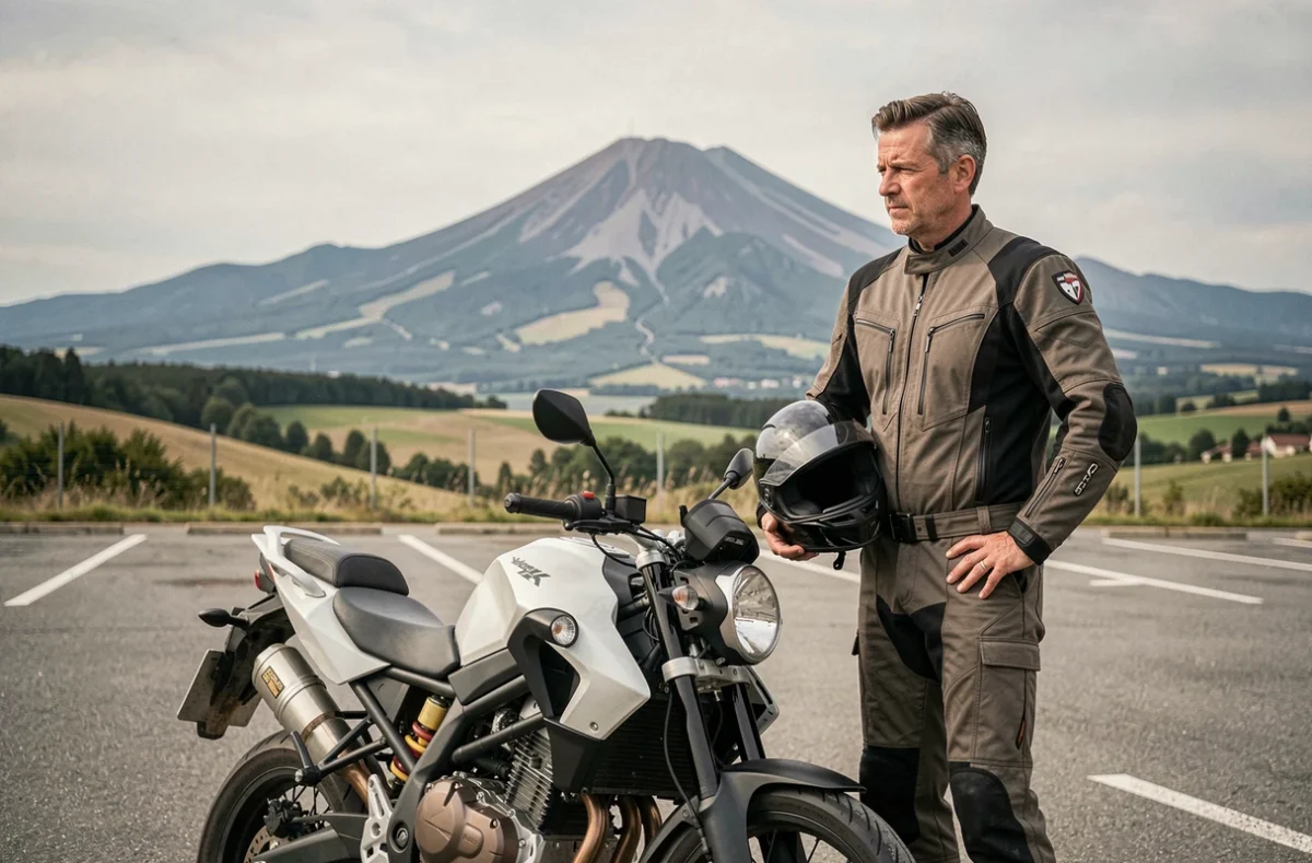 Motard en équipement de sécurité devant le paysage volcanique du Puy-de-Dôme près de Clermont-Ferrand