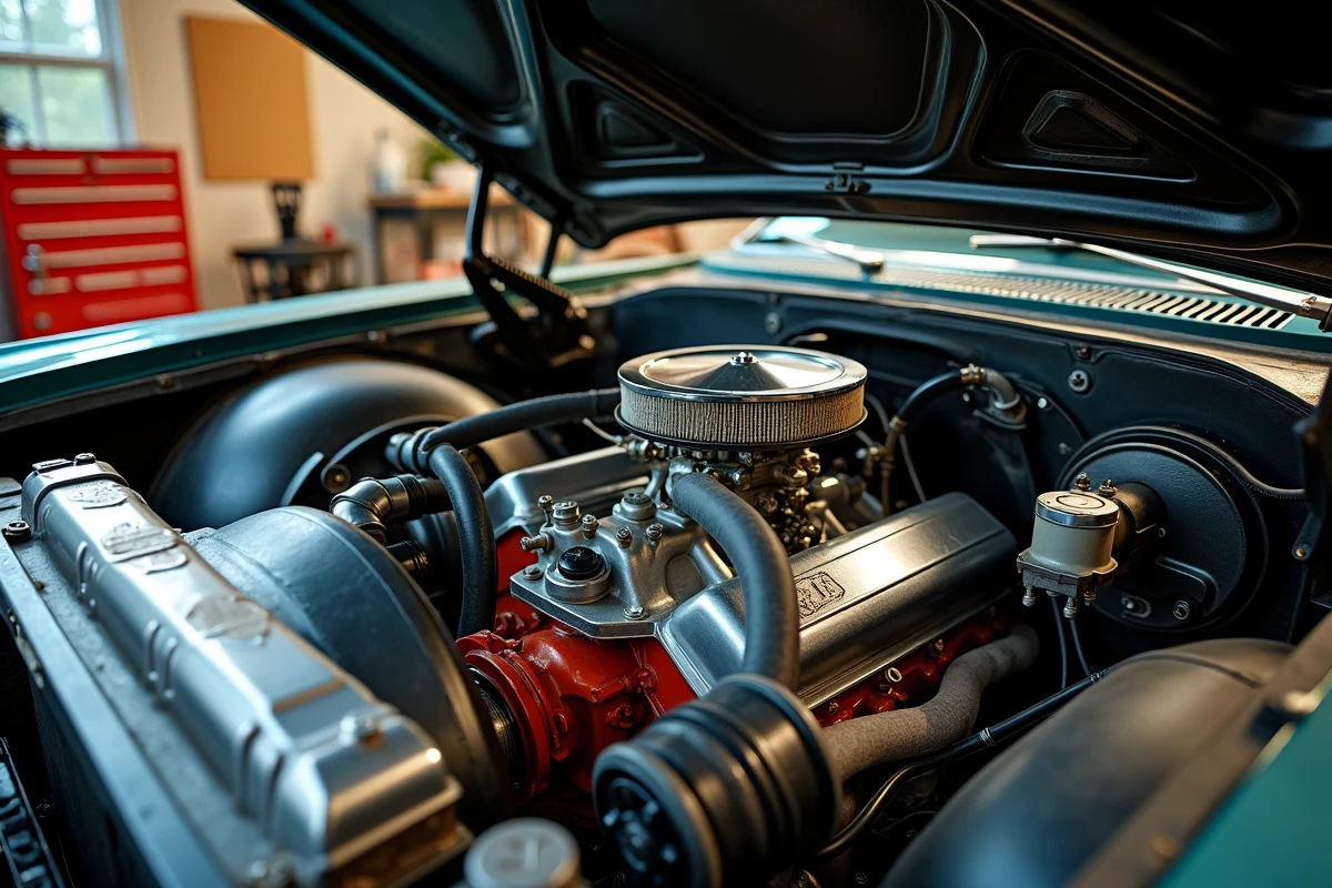 Gros plan sur le moteur V8 d'une Chevrolet Impala dans un garage, détail du carburateur et du compartiment moteur