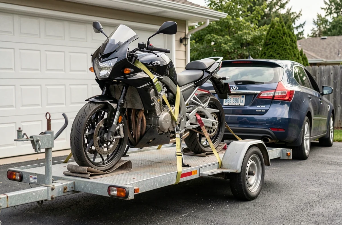 Moto sanglée sur une remorque porte-moto attelée à une voiture