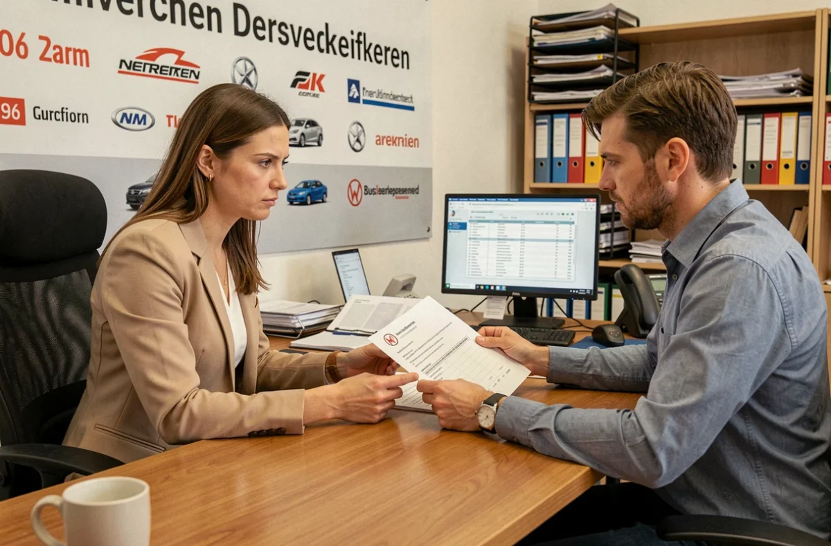 Cliente et vendeur examinant un certificat de garantie pour une voiture d'occasion dans une concession allemande