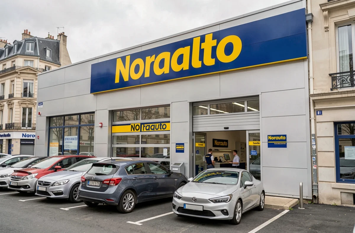 Façade extérieure du Norauto Lille Flandres avec des voitures garées et un conseiller accueillant un client à l'entrée