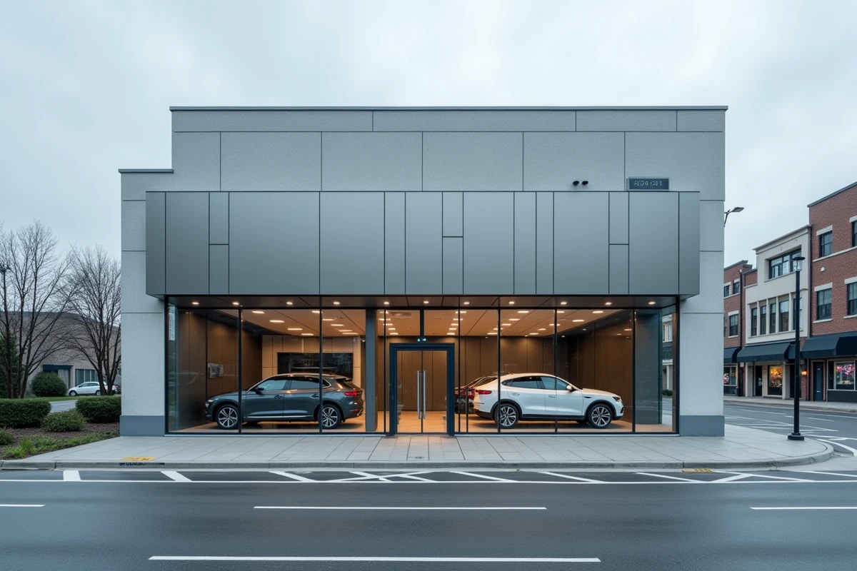 Façade extérieure d'une nouvelle agence automobile Transak dans un quartier commercial urbain en 2026