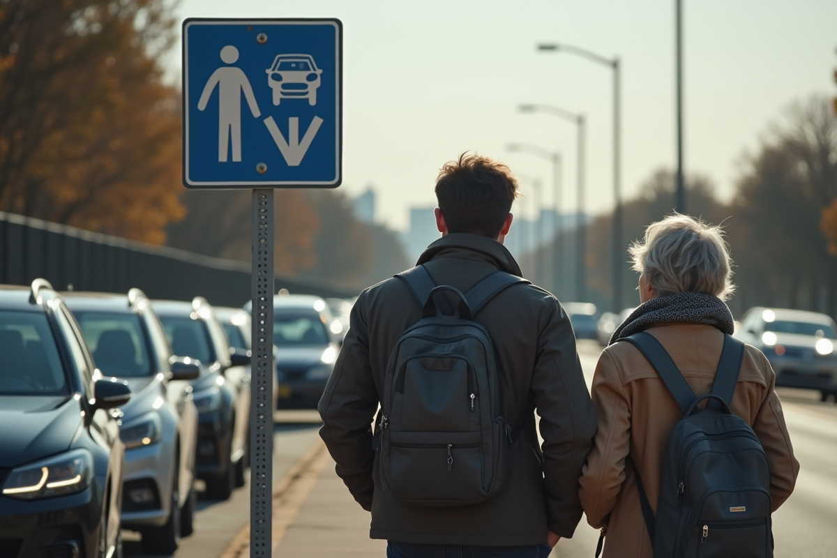 Panneau covoiturage avec deux adultes attendant