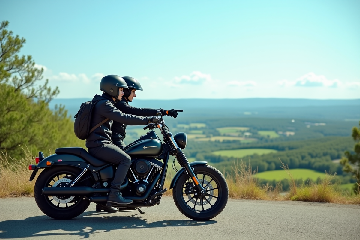 Motards en nature avec paysage verdoyant et ciel bleu