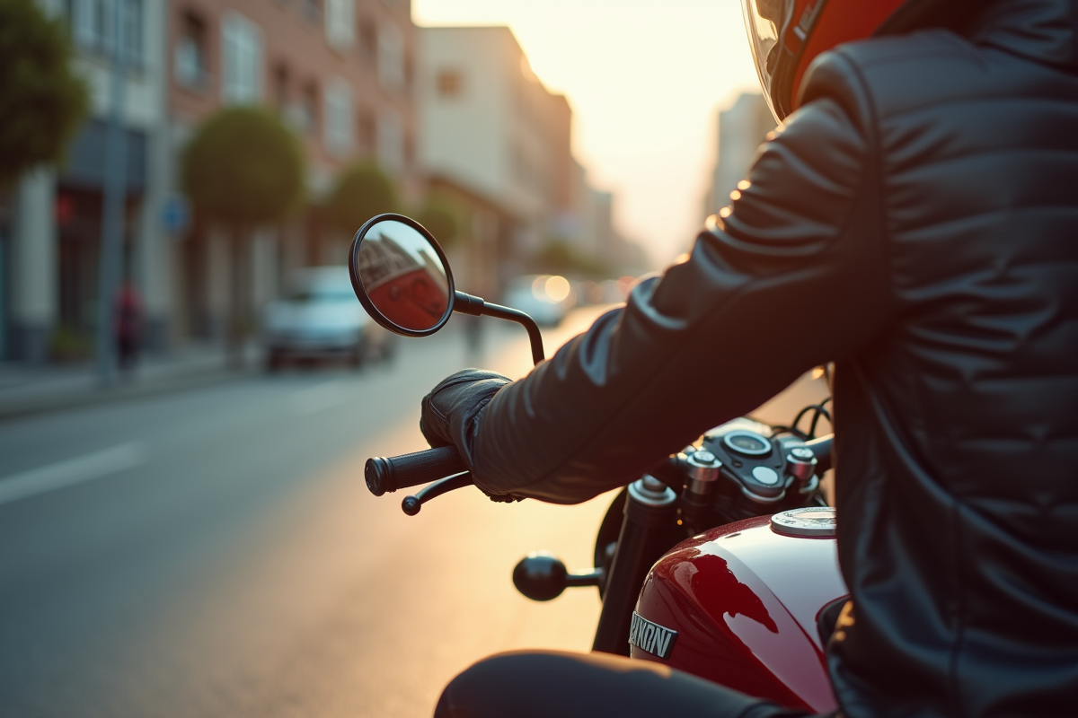 Gros plan du passager tenant les poignées de la moto en ville