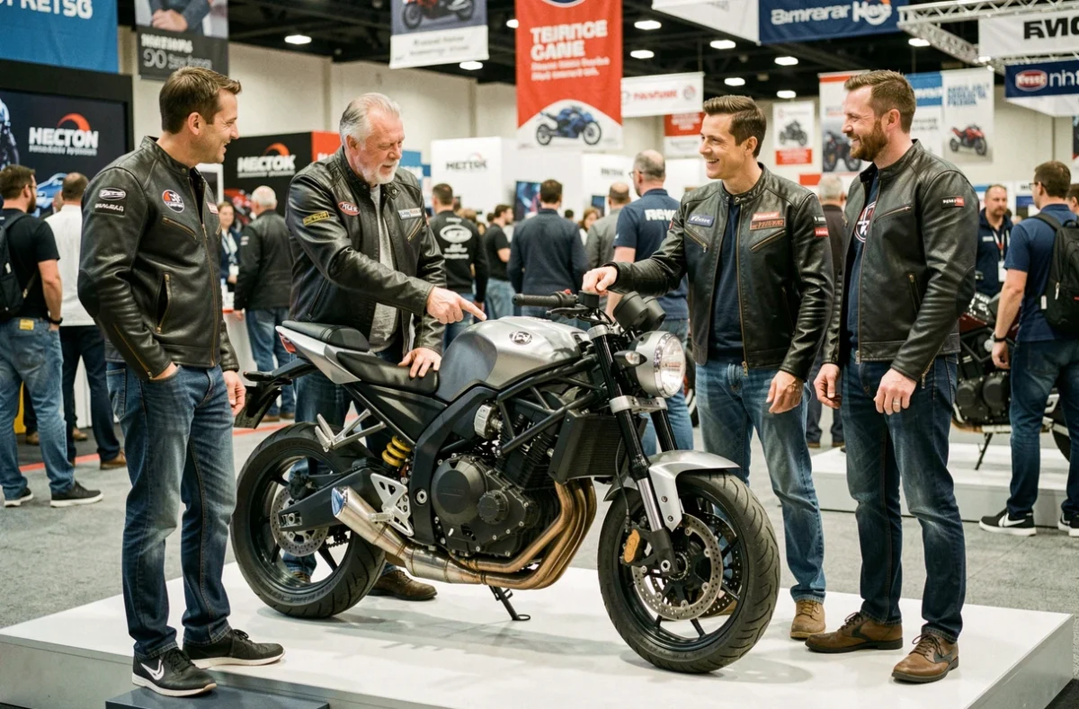 Groupe de passionnés de moto discutant autour d'un modèle naked lors du salon moto de Milan 2026