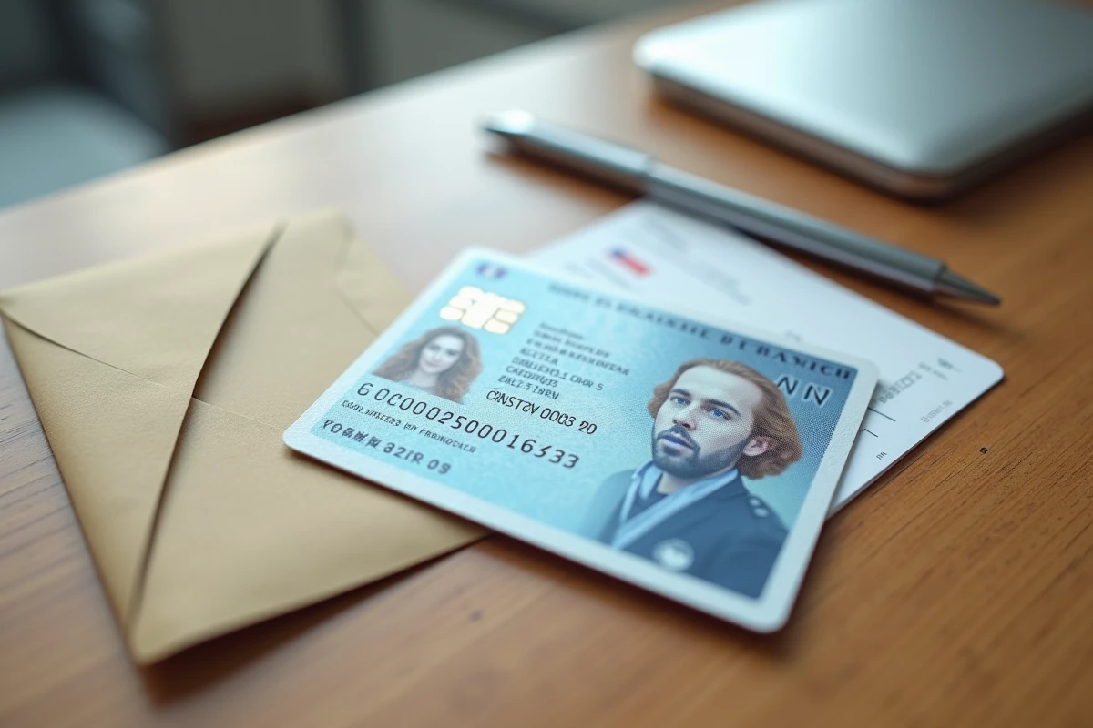 Permis de conduire français nouvellement fabriqué posé sur un bureau administratif avec une enveloppe officielle