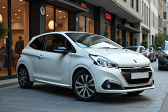 Voiture Peugeot 208 d occasion moderne devant un concessionnaire urbain