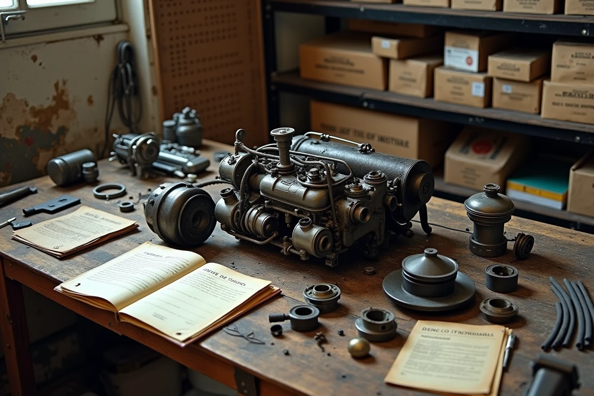 Pièces détachées d'origine Renault 12 disposées sur un établi d'atelier mécanique vintage avec catalogue et références manuscrites