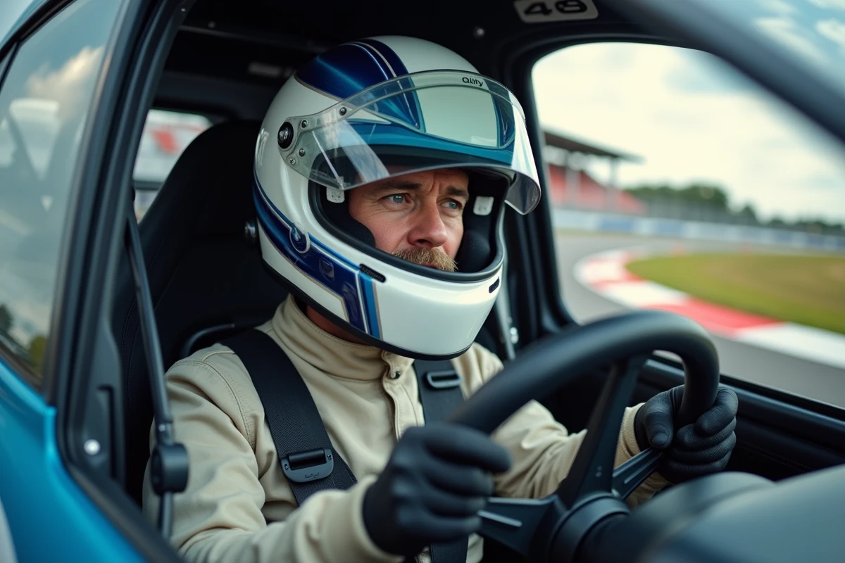 Pilote adulte au volant d'une voiture de course sur un circuit lors d'un stage de pilotage en famille à tarif accessible