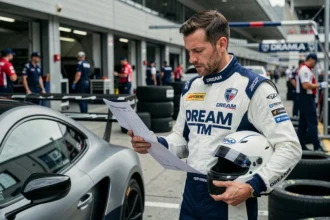 Pilote de circuit DREAM TM analysant ses chronos de piste en combinaison de course dans la voie des stands