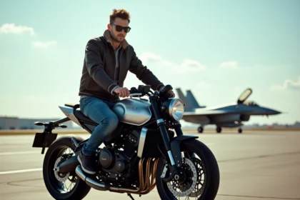 Homme confiant en moto sur piste d airbase