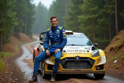 Pilote de rallye souriant sur la voiture en forêt