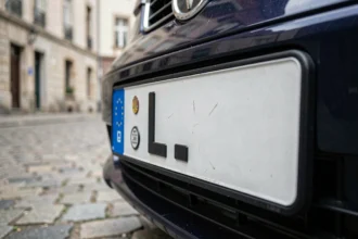 Gros plan d'une plaque d'immatriculation avec la lettre L du Luxembourg sur un véhicule en environnement urbain européen