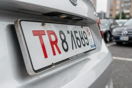Plaque d'immatriculation temporaire TR montée sur le pare-chocs arrière d'une voiture étrangère dans un parking urbain
