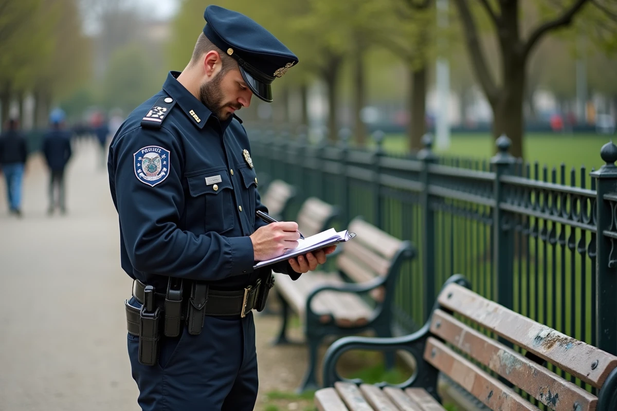 Agent de police dressant un procès-verbal pour dégradation de bien public dans un parc urbain, illustrant une contravention de 5ème classe