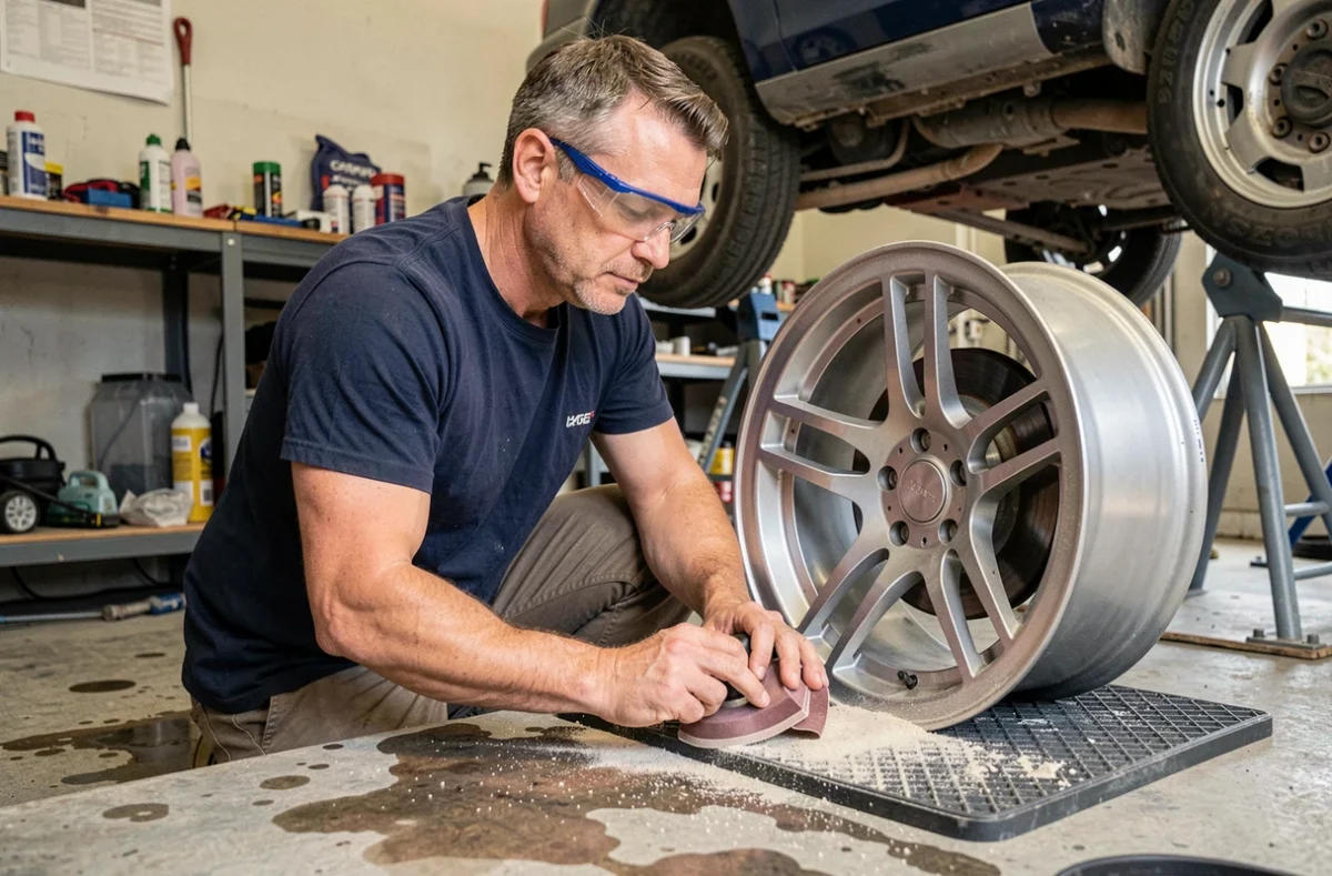 Passionné automobile ponçant une jante en aluminium à la main dans son garage avant la mise en peinture