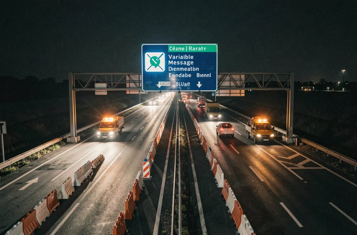 Vue large d'un portique autoroutier avec panneau radar temporaire en zone de travaux nocturne