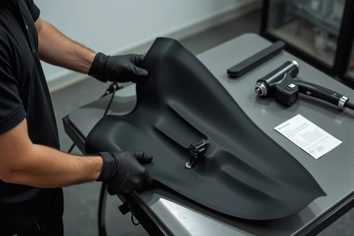 Pose professionnelle de vinyle covering sur carénage moto avec fiche de tarification visible en atelier de customisation
