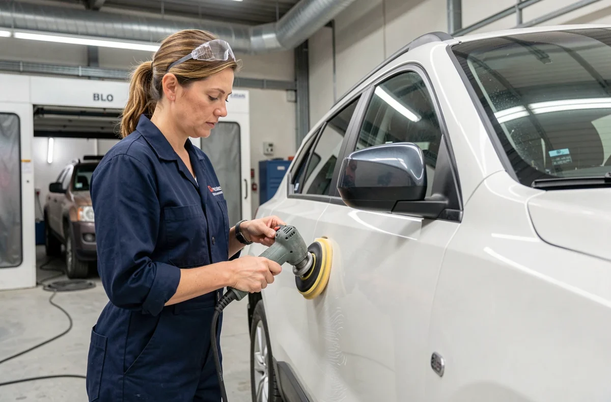Technicienne automobile professionnelle polissant des rayures sur la jupe en plastique d'un SUV blanc en carrosserie