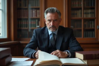 Professionnel juridique examinant des documents officiels relatifs aux contraventions de 5ème classe dans un bureau administratif français