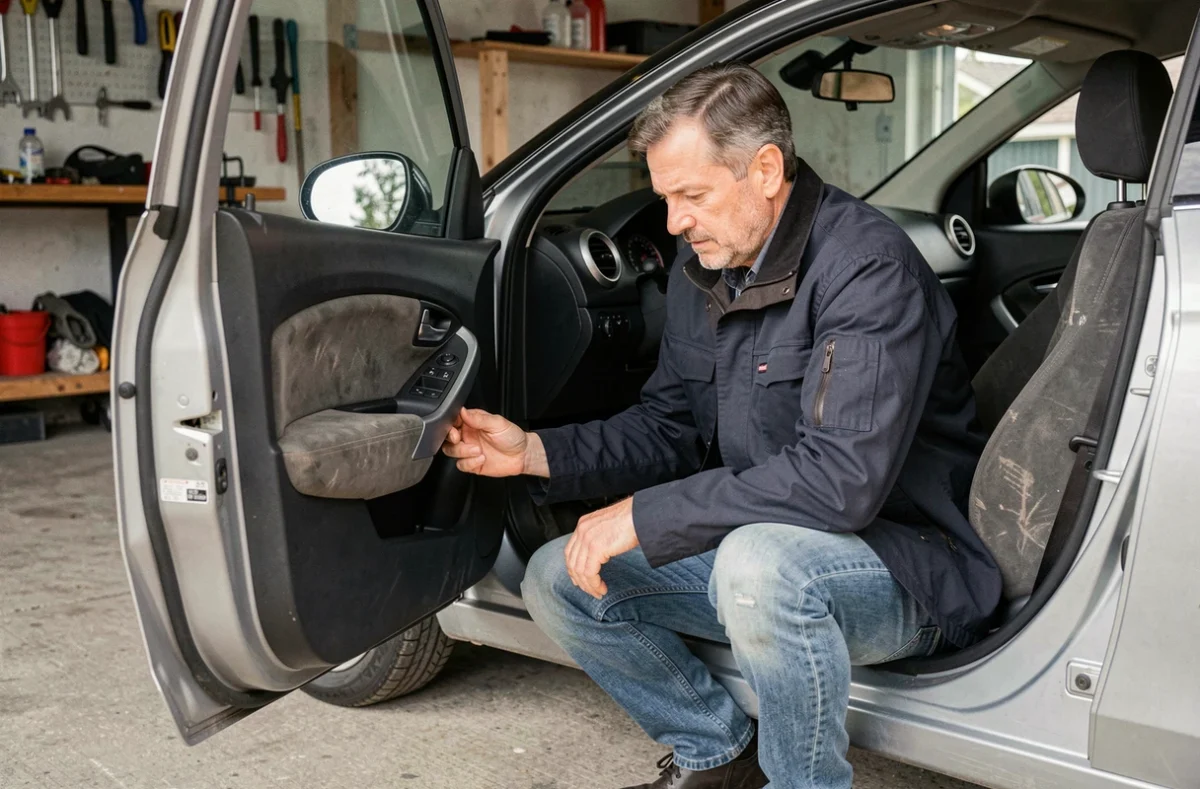Propriétaire inspectant l'intérieur usé d'une Alfa Romeo MiTo dans un garage, bilan après kilométrage élevé