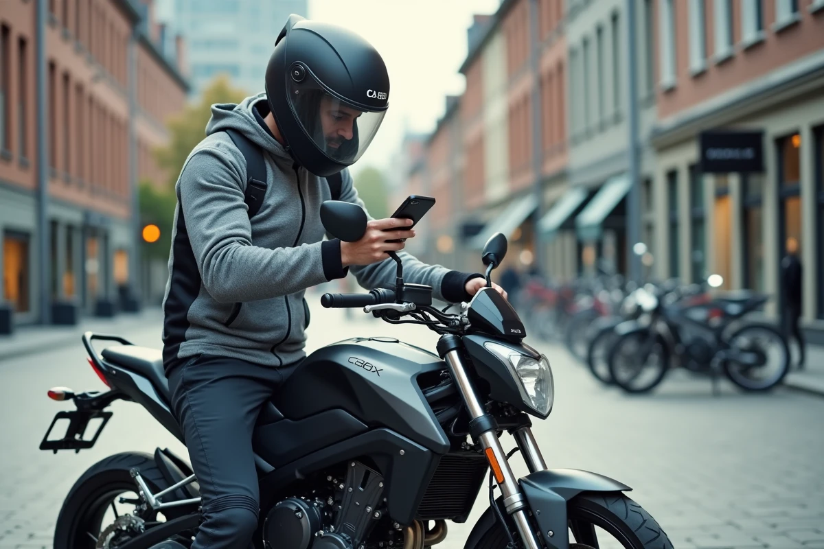 Propriétaire de Honda CB 500X en équipement textile consulte son GPS en milieu urbain, illustrant l'usage polyvalent de la moto